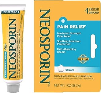 Neosporin + Maximum-Strength Pain Relief Dual Action Cream, First Aid Topical Antibiotic and Analgesic Cream for Soothing Infection Protection & Wound Care of Minor Cuts, Scrapes & Burns, 1 oz