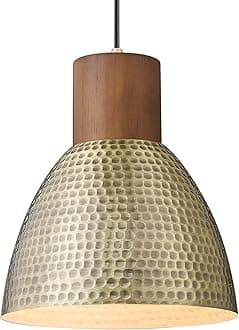 ELYONA - Classic Hammered Pendant Light, 10.2 Inch Industrial Metal Pendant Light, Solid Wood, Antique Gold, Adjustable for Kitchen Island Farmhouse Dining Room, Brushed Brass