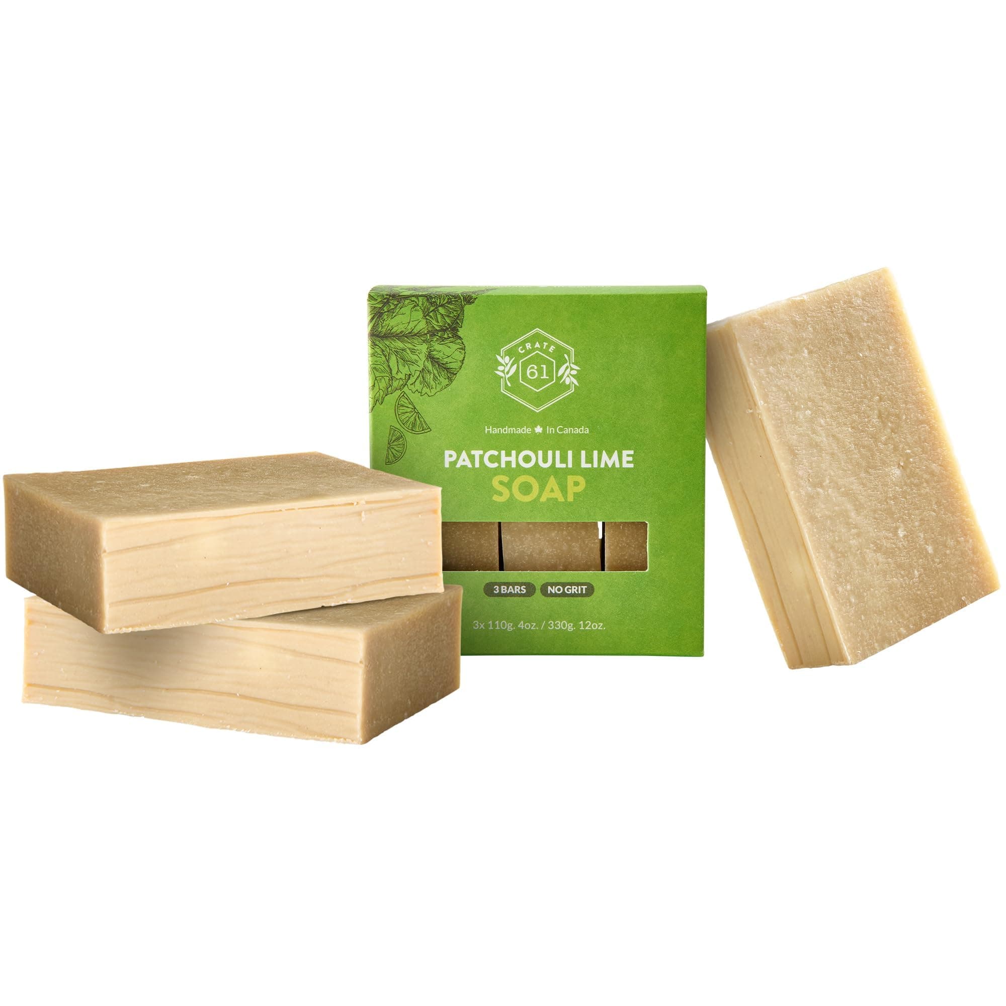 Crate 61 Organics, Handmade in Canada, Plant Based Cold Process Natural Bar Soap For Face And Body, With Premium Essential Oils, For Men And Women 3 Pack (Patchouli Lime)