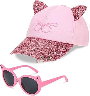 Girls Baseball Cap Kids Sunglasses Set,Adjustable Sun Hat Sequin Cat Ear Hat Cute Toddler Cap for Girls Ages 3-10Y(Pink)