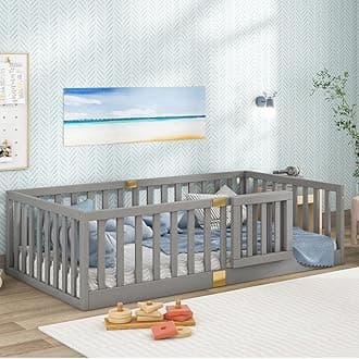 TatubTwin Montessori Floor Bed with High Rails, Solid Wood Montessori Bed Frame for Kids, Door Can Install Left and Right, Twin-Grey
