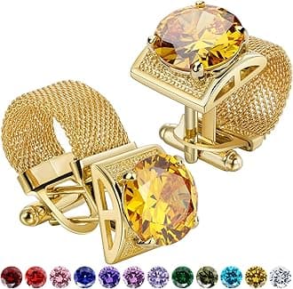 Birthstone Gold Tone Cufflinks for Men with Chain Shirt cuff links Wedding Business Birthday Christmas Gifts for Men