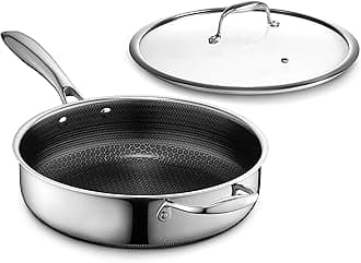 HexClad Hybrid Non-Stick 3.3 Quart Deep Saute Pan with Tempered Glass Lid and Sustained Cooling Handle Dishwasher Safe Oven Safe up to 1000 F Induction Safe for All Countertops