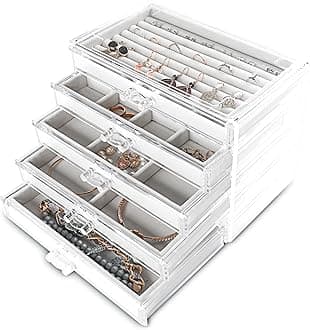 Frebeauty Extra Large Acrylic Jewelry Box for Women 5 Layers Clear Jewelry Organizer Velvet Earring Box with 5 Drawers Rings Display Case Necklaces Holder Tray for Women Girls (White)