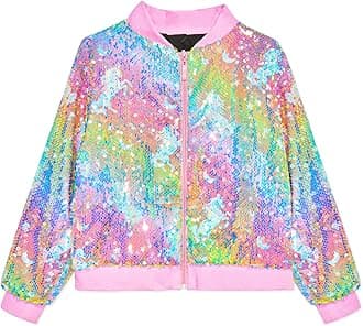 OlyPegic Girls Sequin Jacket Sparkly Glitter Bomber Kids Outwear with Pockets Zipper Coat Long Sleeve Jackets 4-12T