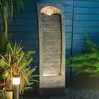Indoor Water Fountain Modern Curved Faux Slate Waterfall Fountain with LED Lighting 42.5 Inch Tall Tiered Waterfall for Garden Patio Backyard Decor - Durable and Weather- Resistant Design