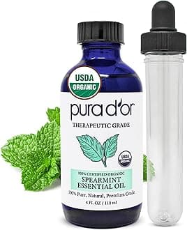 Organic Spearmint Essential Oil (4oz with Glass Dropper) USDA Certified 100% Pure & Natural Therapeutic Grade Diffuser for Aromatherapy, Focus, Concentration, Mood Uplift