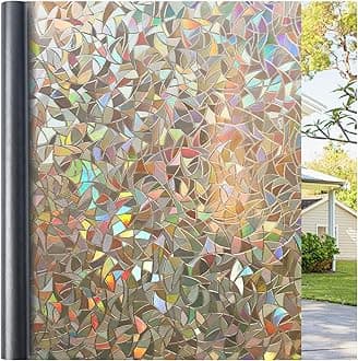 Haton Window Privacy Film, Stained Glass Rainbow Film Decorative Window Clings, Static Cling Sun Blocking Sticker Decal Covering Tint for Home Heat Control, Non-Adhesive, Brown 35.4" x 78.7"