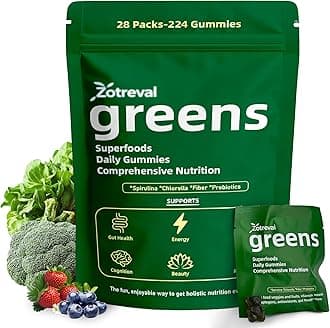 Daily Greens, Superfood Green Gummies Packets - Digestive & Gut Health, Chlorella and Spirulina Supplement with 20+ Organic Prebiotics Fiber Vitamins & Minerals - 224 Low Sugar Gummy