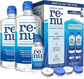 Renu Contact Lens Solution, Advanced Formula, Multi-Purpose Solution with Lens Case, Gently Cleans, Disinfects, Moisturizes & Hydrates Soft Lenses, 16 Fl Oz (Pack of 2) + Travel Size 2 Fl Oz