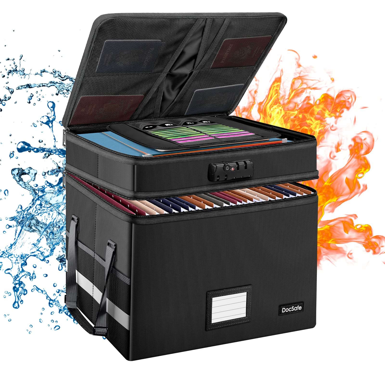 DocSafe File Box with Lock,Multi-Layer Fireproof Document Box Collapsible File Storage Organizer with Pockets/Handle,Large Portable Home Office Filing Box for Hanging Letter/Legal Size Folders,Black