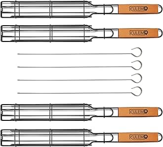 Kulem Kabob Grilling Basket - Set of 4 Heavy Duty Stainless Steel Kebab BBQ Grill Box Tool with Lockable Grid and Wood Handle - Complete with 4 Barbecue Skewers