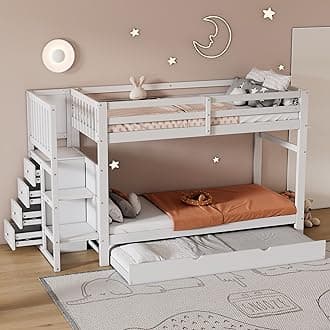Merax Bunk Kids, 3FT Toddler Frames with Ladder, Bed with Triple Sleeper, Staircase Design with 4 Drawers, Abundant Storage Space, Solid Pine Wood, White with Trundle, Twin