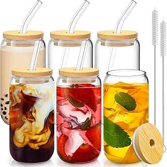 SENTVEND 16 Oz Drinking Glasses with Bamboo Lids and Glass Straw - 6 Pcs Glass Cups Beer Ice Coffee Glasses Cute Aesthetic Cup Great for Coffee Bar Accessories Include 2 Cleaning Brushes