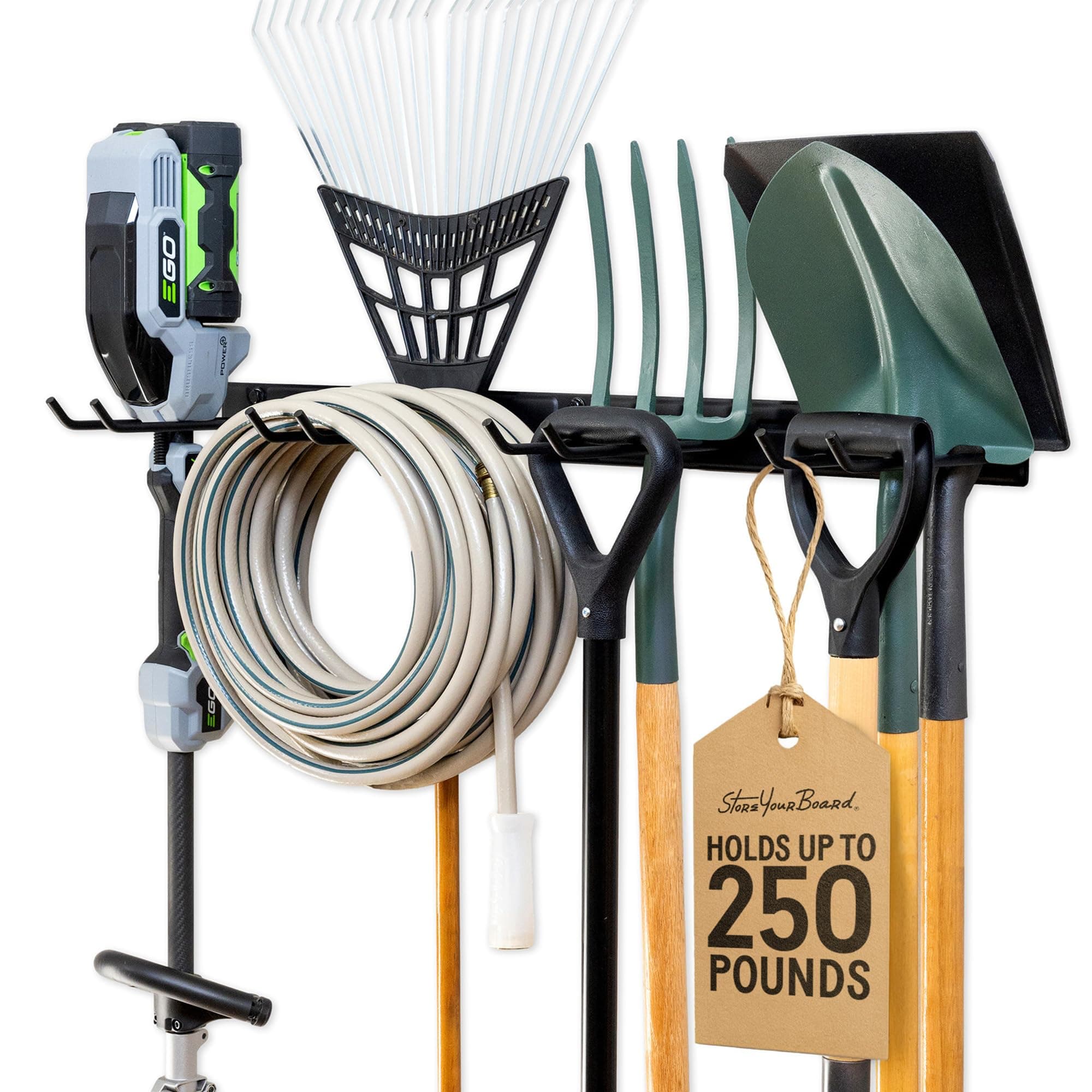 - StoreYourBoard Garage Wall Organizer Tool Rack | Garden Tool Organizer System | Heavy Duty Wall Mounted Tool Storage Rack for Yard Tools Rakes Shovels 250 lb Garage Organization | 4 PVC Coated Slots