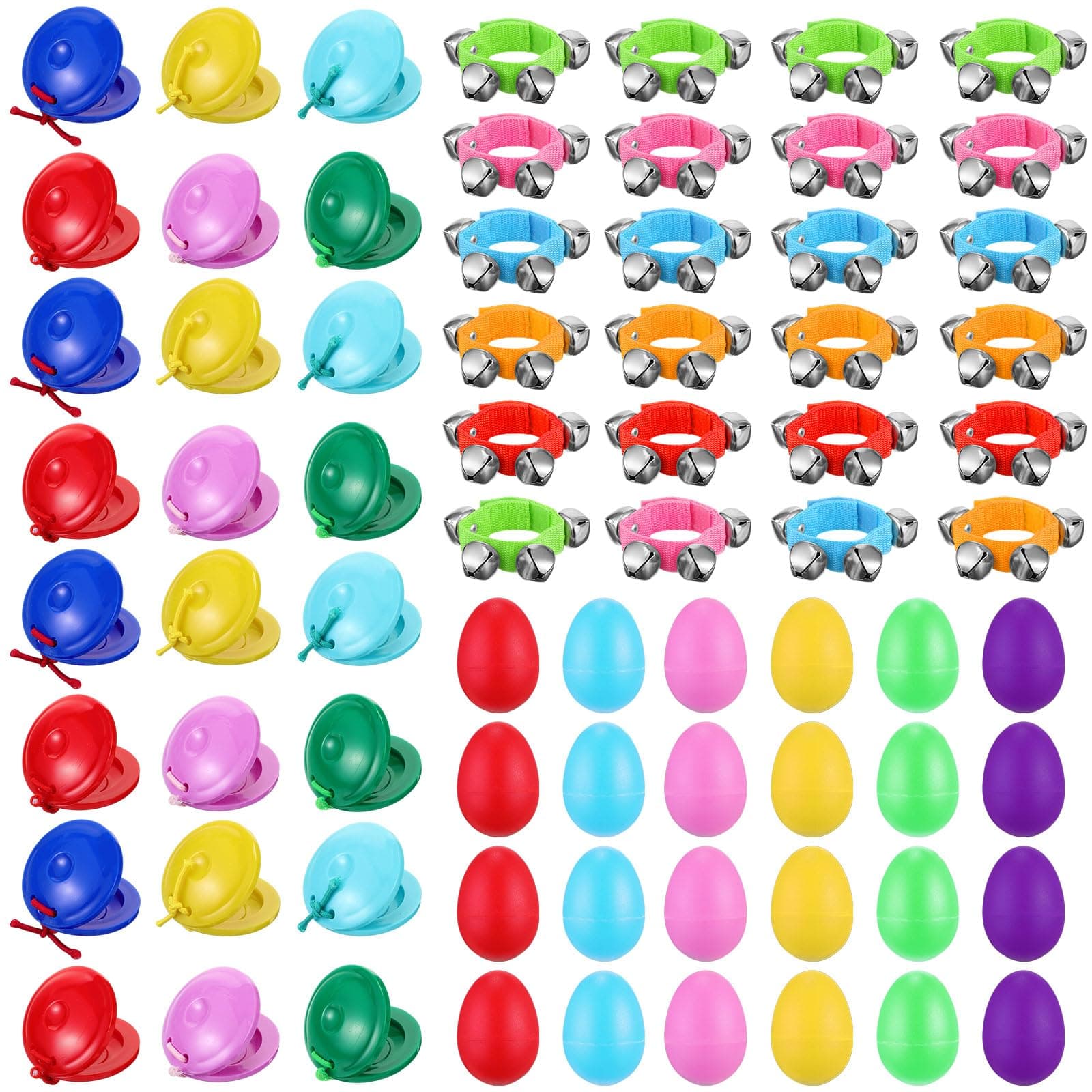 72 Piecces Bulk Easter Basket Gifts for Kids Include 24 Egg Shaker 24 Wrist Band Jingle Bells 24 Finger Castanets for Musical Instruments Party Favors