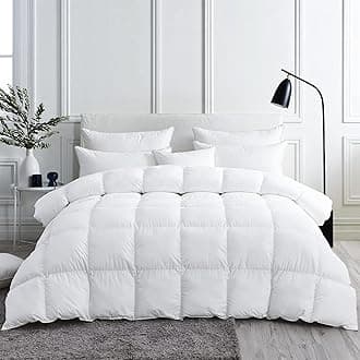 Luxurious White Solid Medium Weight, Twin Size Goose Feathers Down Comforter for All-Season Weather Duvet Insert, Premium Baffle Box, 100% Egyptian Cotton Cover, 55 oz. Fill Weight