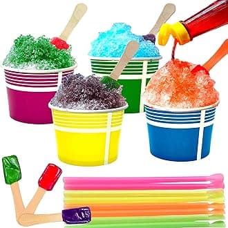 140 Piece Multi-Colored Snow Cone/Shaved Ice Kit - Includes 40 (12oz) Yellow, Pink, Green and Blue Cups, 50 Candy Spoons, and 50 Neon Straws - Perfect For Birthdays, Sporting Events, Festivals