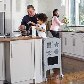 Guidecraft Classic Kitchen Helper Stool - Gray W/Keeper and Non-Slip Mat: Foldable, Adjustable Height, Wooden Baking Stool for Children; Safe Cooking Tower Step Up; Little Kids Learning Furniture