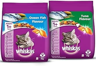 Adult (+1 Year) Dry Cat Food, Ocean Fish Flavour, 3kg Pack & Whiskas Adult (+1 Year) Dry Cat Food, Tuna Flavour, 3kg Pack