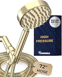 HammerHead Showers® Solid Metal Handheld Shower Head with Hose and Brass Holder - POLISHED BRASS - 2.5 GPM High Pressure Shower Heads with Adjustable Shower Wand Bracket - 6ft Flexible Extension