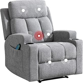 Phoenix Home Manual Recliner Chair with Massage and Heat for Living Room Overstuffed Breathable Fabric Reclining Chair with 2 Side Pockets, 2 Cup Holders, Remote Control, Light Gray
