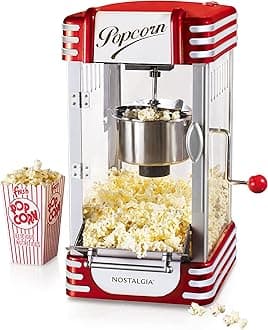 Nostalgia Popcorn Maker, 2.5 Oz Kettle Makes 10 Cups, Retro Classic Popcorn Machine with Interior Light, Measuring Spoons and Scoop, White and Red