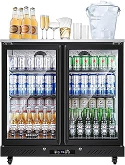BODEGACOOLER Back Bar Cooler with 2 Glass Doors,7.7Cu.ft Commercial Bar Beverage Refrigerator Under Counter LED Lighting for Soda Drinks,Beer,Wine with Stainless Steel Top,DOE Approved,4 Casters