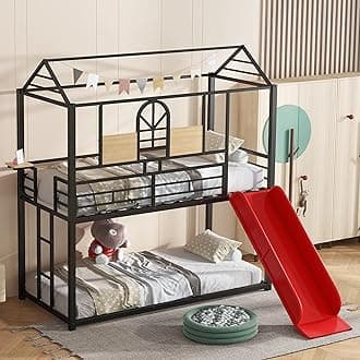 Bellemave Twin Over Twin Bunk Bed with Slide and Ladder, House Bunk Bed with Full Length Guardrail, Side Shelf and Slats, Red