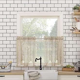 No. 918 Alison-Tr Floral Lace Sheer Rod Pocket Kitchen Curtain Tier Pair, 58" x 24", Stone