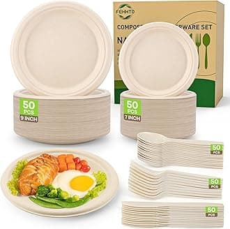 Compostable Paper Plates Set, 250PCS Disposable Heavy-Duty Sugarcane Plate and Eco-Friendly Utensil Biodegradable Dinnerware Plates, Extra Long Forks & Knives & Spoons for Party