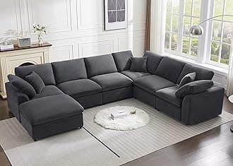 Modular Sectional Sofa Modern Oversized Chenille Cloud Couch with Movable Ottoman 7 Seater L-Shaped Sofas Comfy Couches for Living Room Spacious Space Office Lounge, Dark Grey