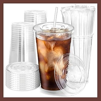 Plastic Clear Cups 24 oz with Lids and Straws 100 Set Disposable Cold Beverage Drinking Iced Coffee Water Juice Tea Party Travel Cafe Restaurant School Office Home Kitchen (100 Set, 24 oz)