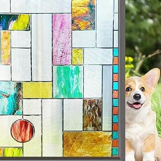 3D Stained Glass Window Film Etched Glass Door Film Colorful Mineral Window Cling Tints Sun Blocking Heat Control self Static for Home and Office,23.6x35.4 inches