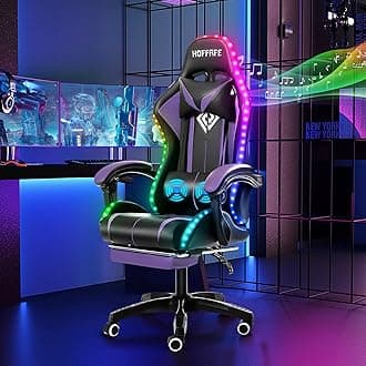 HOFFREE RGB Gaming Chair with Speakers Massage Computer Gaming Chair with LED Lights and Footrest High Back Video Game Chair for Adults Purple and Black