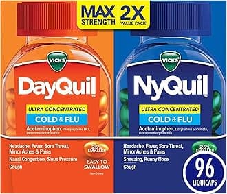 Vicks DayQuil & NyQuil Ultra Concentrated Liquicaps Co-Pack, Cold & Flu Medicine, Powerful Multi-Symptom Daytime & Nighttime Relief for Headache, Fever, Sore Throat, Minor Aches & Pains, & Cough, 96ct