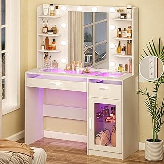 Vanity Desk with Mirror and Lights, Makeup Vanity Desk with Lights 3 Colors, Transparent Top Vanity with 2 RGB Drawers, 6 Shelves, Large Tempered Cabinet, Power Outlet, for Bedroom, White