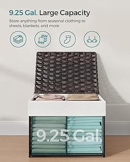 SONGMICS Storage Basket with Lid, 9.2 Gallon (35L) Storage Bin, Woven Blanket Storage Basket with Handles, Foldable, Removable Liner, Metal Frame, for Bedroom, Laundry Room, Brown URST040K01