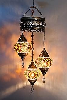Asylove Turkish Ceiling Lamp, Mosaic Pendant Lamp Turkish Chandeliers 3 Globe Moroccan Ceiling Lighting Art Deco Brillant Fixture, 5 inc Globe - Total Dimensions 14x14x35 inch (Brown)
