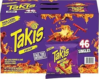 Takis Fuego Rolled Tortilla Chips, Hot Chili Pepper and Lime Artificially Flavored, 46 Individual Bags, 1 Ounce Each, Net Weight of 2 Pounds 14 Ounces