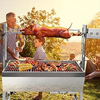 Rotisserie Grill Roaster With Back Cover Guard, 25W Motor Small Pig Lamb Roaster, 37 Inch Stainless Steel Charcoal Grill for Camping Outdoor BBQ, Silver, 132 LBS Without Baffle