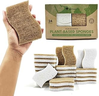 Biodegradable Natural Kitchen Sponge - Compostable Cellulose and Coconut Walnut Scrubber Sponge (24 Pack)