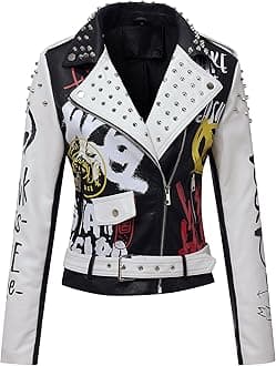Women Faux Leather Jacket Studded Rivet Spring Fall Fashion, Hip-Length Moto Biker Trendy Clothes Streetwear Belted