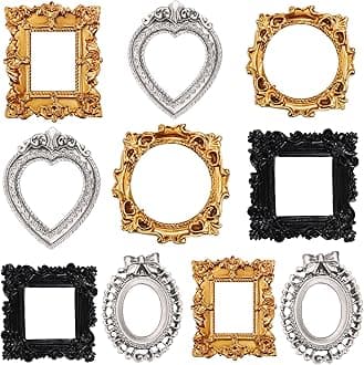 Vicenpal 10 Pcs Vintage Resin Picture Frame Antique Photo Resin Frame Mini Resin Jewelry Display Frame Photography Photo Frame DIY Small Photo Frame for Photo Home Decoration (Black,Gold,Silver)