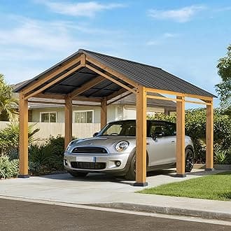 SUNJOY Carport 11 ft. x 13 ft. Wood Gazebo Heavy Duty Garage Car Shelter with Steel Roof and Wooden Frame, Gable Roof Cedar Gazebo for Cars and Outdoor Equipment
