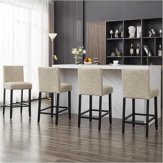 26'' Faux Leather Bar Stools Set of 4, Modern Upholstered Bar Height Bar Chairs, Soild Wood Legs Barstools with Back, Beige