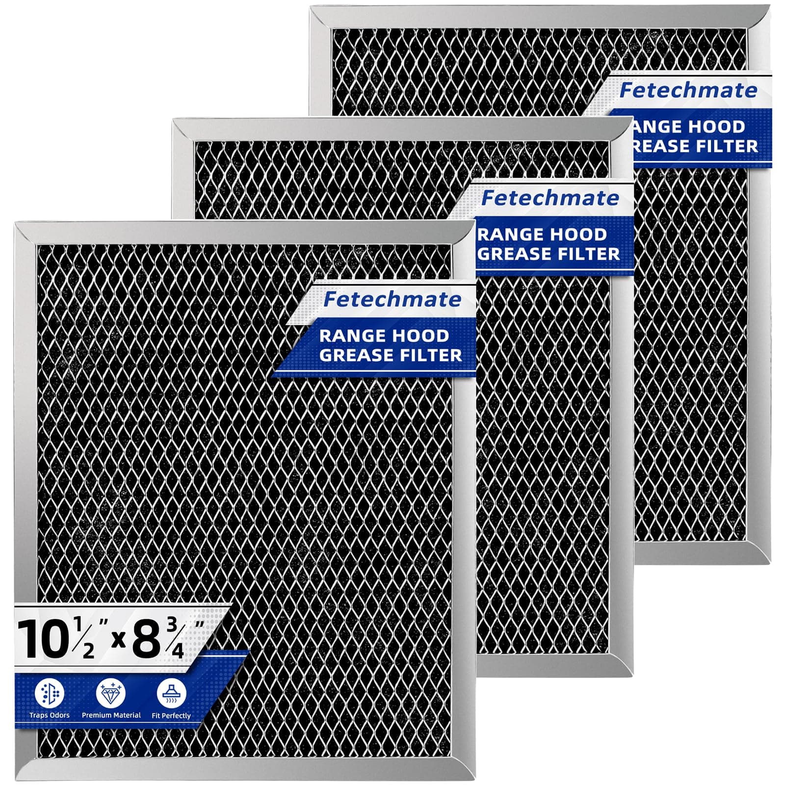 Fetechmate97007696 Charcoal Filter Replacement for Range Hood 41F Grease Filter 6105c 8-3/4" x 10-1/2" Aluminum Mesh Charcoal Carbon Filter Compatible with Most Brand Stove Vents -3 PACKS