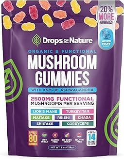 Ashwagandha Gummies and Lions Mane Mushroom Gummies Supplement - Organic - Reishi, Cordyceps, Turkey Tail, Maitake, Shitake, Chaga - Immune Defense, Boosts Cognitive Performance, Vegan, Low Carb