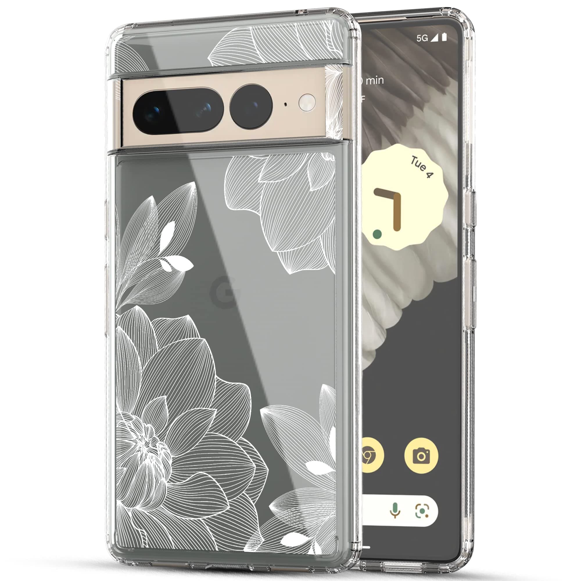 RANZ Pixel 7 Pro Case, Anti-Scratch Shockproof Series Clear Hard PC+ TPU Bumper Protective Cover Case for Google Pixel 7 Pro - White Lace Chrysanthemum