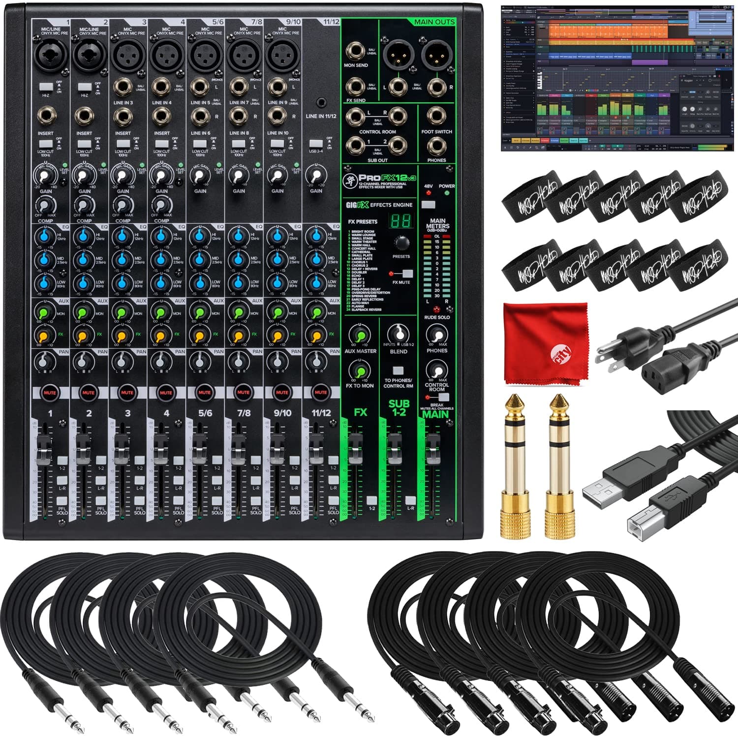 ProFX12v3 12-Channel Unpowered Mixer USB Bundle with Waveform OEM DAW, 4x Mophead 10-Foot TRS Cable, 4x 10-Foot XLR Cable, 2x 1/4" to 3.5mm Adapter, 10x Cable Ties and Microfiber Cloth
